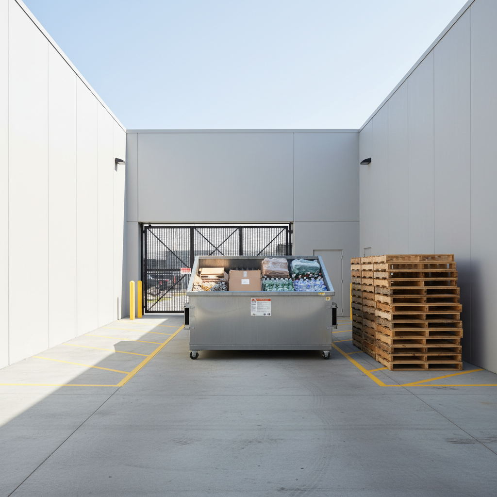 An immaculate commercial loading area behind a Bay Area office building, featuring a spotless concrete pad, an open industrial dumpster with clearly sorted recyclable materials, and neatly stacked wooden pallets positioned to one side. High, light gray walls and a secure metal gate define the space, with well-marked yellow safety lines painted on the ground. Bright, diffused daylight from a clear sky casts crisp but not harsh shadows, highlighting the orderliness. Captured from a slightly elevated angle in photographic realism, the scene has strong linear perspective leading toward the dumpster. The atmosphere is highly professional and efficient, conveying systematic, large-scale waste removal and recycling operations, with a clean, corporate aesthetic suitable for commercial clients.