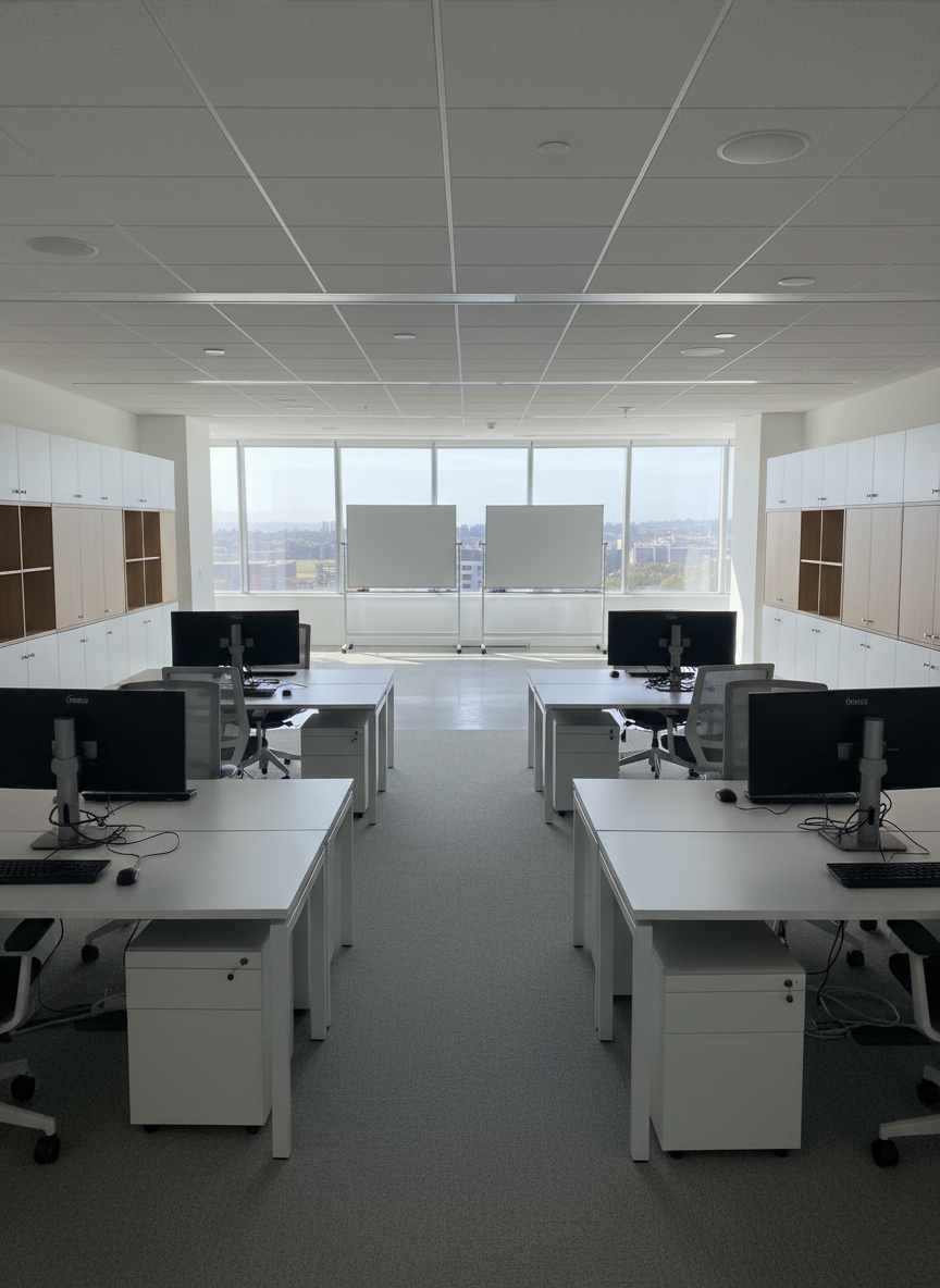 A bright, modern Bay Area office interior after a professional junk removal, featuring an open-plan layout with uncluttered workstations, clear walkways, and minimalist, cable-managed desks. The floor is spotless, with no stray boxes, broken chairs, or old equipment. Large floor-to-ceiling windows reveal a subtle cityscape, letting in abundant natural daylight that creates soft highlights on matte white desks and low-contrast shadows on the light gray carpet. The composition uses an eye-level, wide-angle perspective, drawing the eye from the foreground to a completely clear collaboration area in the background. Photographic realism emphasizes every clean surface and organized storage cabinet. The atmosphere feels productive, safe, and freshly renewed, perfectly representing the after-effect of professional commercial junk removal services without any people present.