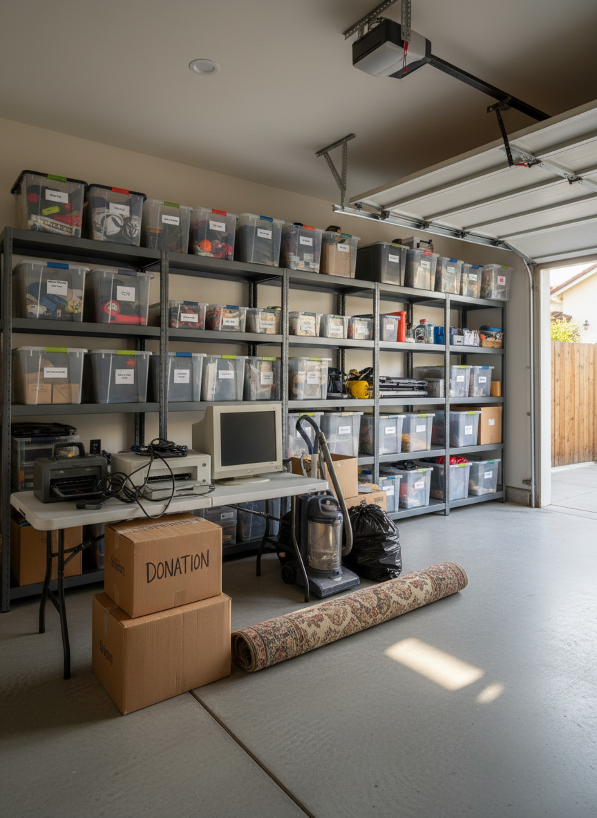 The interior of a tidy residential garage in the Bay Area, with organized shelves along the walls and a clearly defined section where junk is staged for removal. Cardboard boxes labeled for donation, a small stack of obsolete electronics on a plastic folding table, and a few larger items like an old vacuum cleaner and a rolled-up rug are grouped together in a clean, accessible area. Natural afternoon light enters through a partially open garage door, creating soft, diagonal beams that highlight dust-free concrete flooring. Photographed with a wide-angle lens at eye level, everything is in sharp focus, showcasing both the cleared floor space and the sorted items. The mood is calm, orderly, and optimistic, with photographic realism and a clean, modern suburban aesthetic emphasizing transformation and regained space.