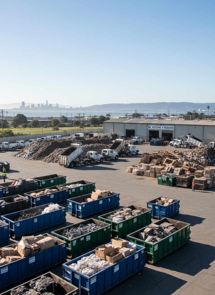 Professional, realistic photo-style image of the San Leandro, California waste transfer station / landfill area, with dumpsters, trucks, and organized piles of waste, suitable for a junk removal company website, clean and not disturbing